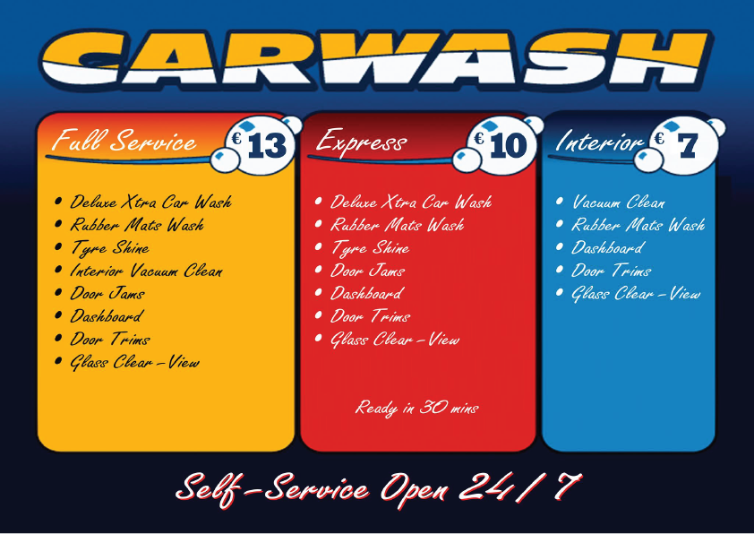Three-Level Price list at the car Wash. I Wash my car once a week. My car not Wash since i bought it.